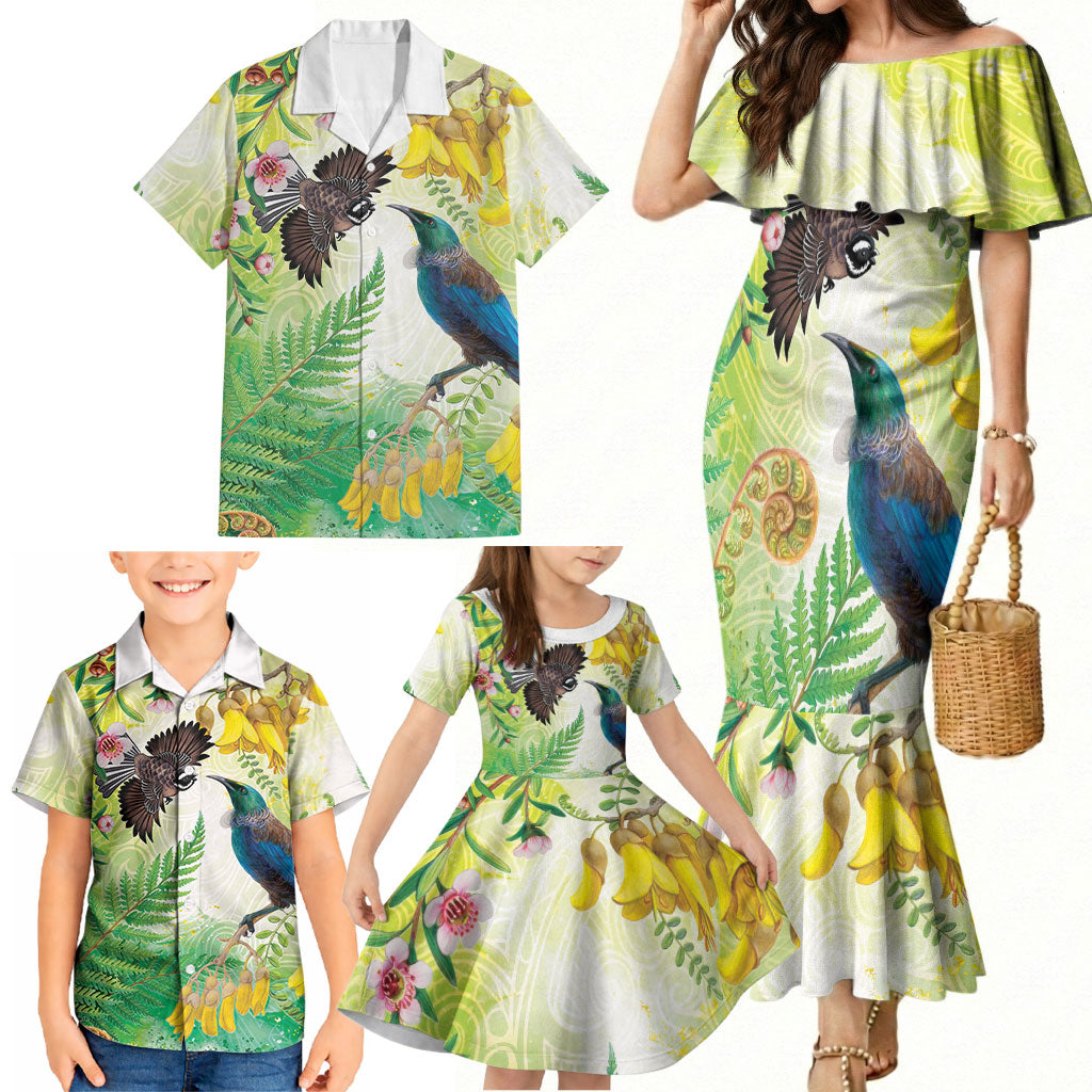 New Zealand Maori Mahuru Family Matching Mermaid Dress and Hawaiian Shirt Tui With Pikawakawa Spring Colors