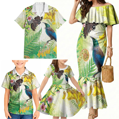 New Zealand Maori Mahuru Family Matching Mermaid Dress and Hawaiian Shirt Tui With Pikawakawa Spring Colors