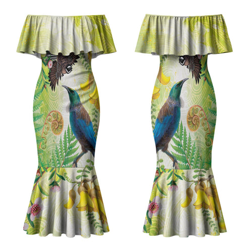 New Zealand Maori Mahuru Family Matching Mermaid Dress and Hawaiian Shirt Tui With Pikawakawa Spring Colors