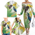 New Zealand Maori Mahuru Family Matching Off The Shoulder Long Sleeve Dress and Hawaiian Shirt Tui With Pikawakawa Spring Colors