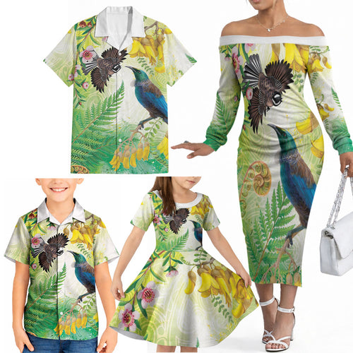 New Zealand Maori Mahuru Family Matching Off The Shoulder Long Sleeve Dress and Hawaiian Shirt Tui With Pikawakawa Spring Colors
