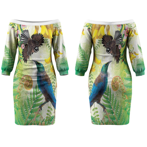 New Zealand Maori Mahuru Family Matching Off The Shoulder Long Sleeve Dress and Hawaiian Shirt Tui With Pikawakawa Spring Colors