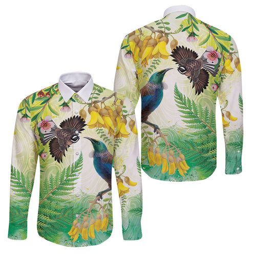 New Zealand Maori Mahuru Family Matching Off The Shoulder Long Sleeve Dress and Hawaiian Shirt Tui With Pikawakawa Spring Colors