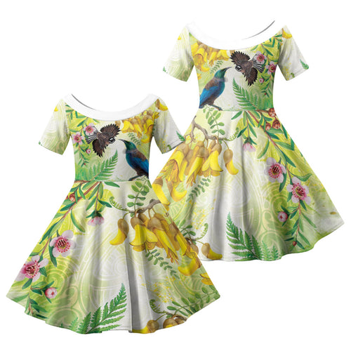 New Zealand Maori Mahuru Family Matching Off The Shoulder Long Sleeve Dress and Hawaiian Shirt Tui With Pikawakawa Spring Colors