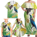 New Zealand Maori Mahuru Family Matching Off Shoulder Maxi Dress and Hawaiian Shirt Tui With Pikawakawa Spring Colors