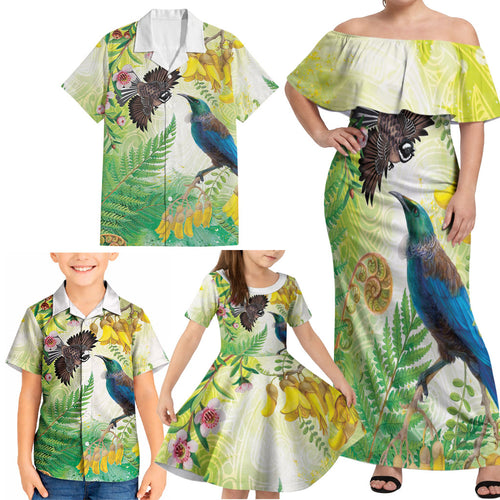 New Zealand Maori Mahuru Family Matching Off Shoulder Maxi Dress and Hawaiian Shirt Tui With Pikawakawa Spring Colors