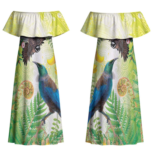 New Zealand Maori Mahuru Family Matching Off Shoulder Maxi Dress and Hawaiian Shirt Tui With Pikawakawa Spring Colors