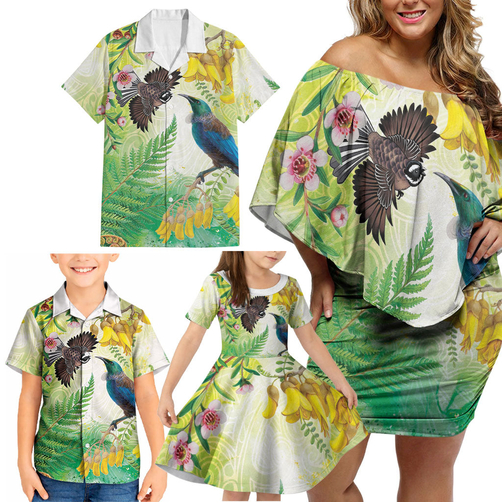New Zealand Maori Mahuru Family Matching Off Shoulder Short Dress and Hawaiian Shirt Tui With Pikawakawa Spring Colors