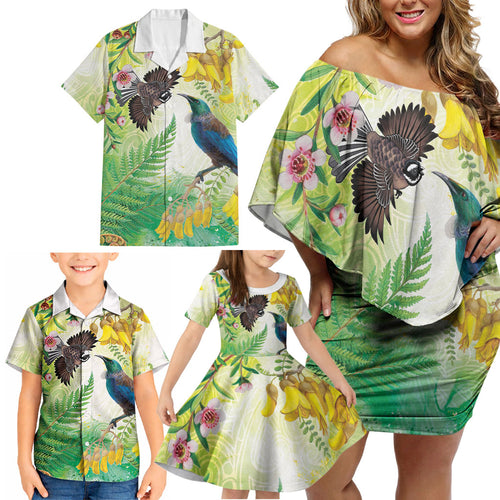 New Zealand Maori Mahuru Family Matching Off Shoulder Short Dress and Hawaiian Shirt Tui With Pikawakawa Spring Colors