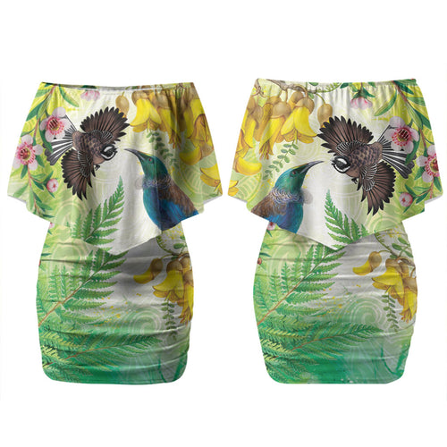 New Zealand Maori Mahuru Family Matching Off Shoulder Short Dress and Hawaiian Shirt Tui With Pikawakawa Spring Colors