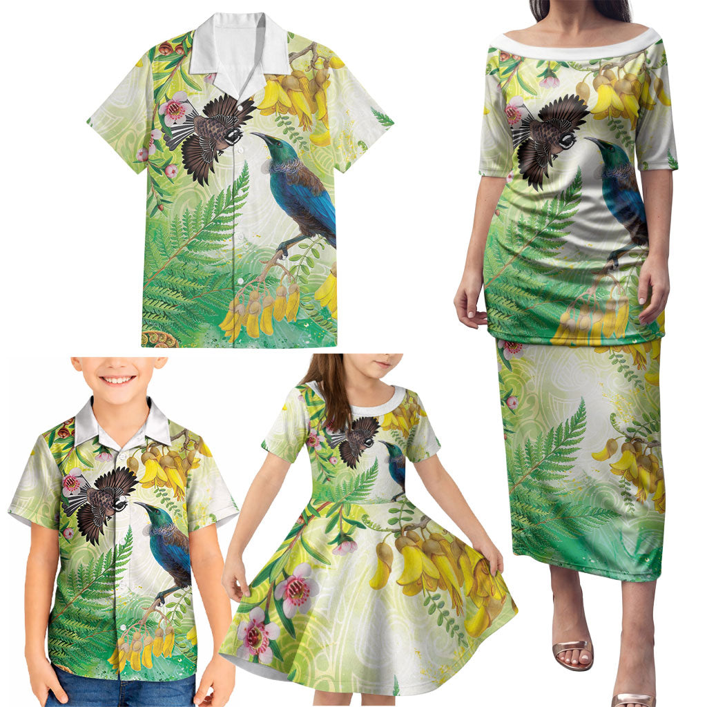 New Zealand Maori Mahuru Family Matching Puletasi and Hawaiian Shirt Tui With Pikawakawa Spring Colors