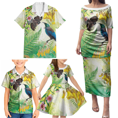 New Zealand Maori Mahuru Family Matching Puletasi and Hawaiian Shirt Tui With Pikawakawa Spring Colors