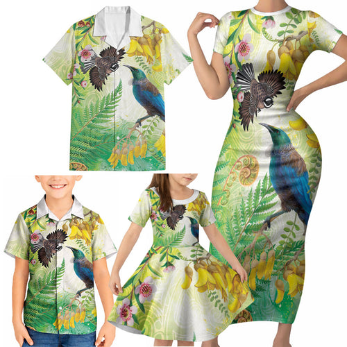 New Zealand Maori Mahuru Family Matching Short Sleeve Bodycon Dress and Hawaiian Shirt Tui With Pikawakawa Spring Colors