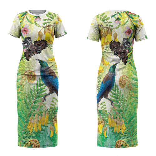 New Zealand Maori Mahuru Family Matching Short Sleeve Bodycon Dress and Hawaiian Shirt Tui With Pikawakawa Spring Colors
