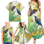 New Zealand Maori Mahuru Family Matching Summer Maxi Dress and Hawaiian Shirt Tui With Pikawakawa Spring Colors