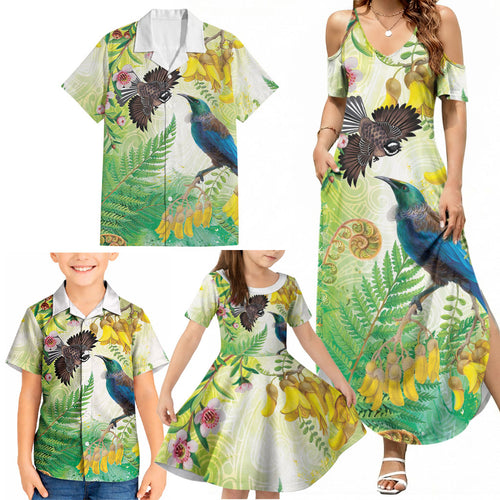 New Zealand Maori Mahuru Family Matching Summer Maxi Dress and Hawaiian Shirt Tui With Pikawakawa Spring Colors