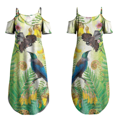 New Zealand Maori Mahuru Family Matching Summer Maxi Dress and Hawaiian Shirt Tui With Pikawakawa Spring Colors