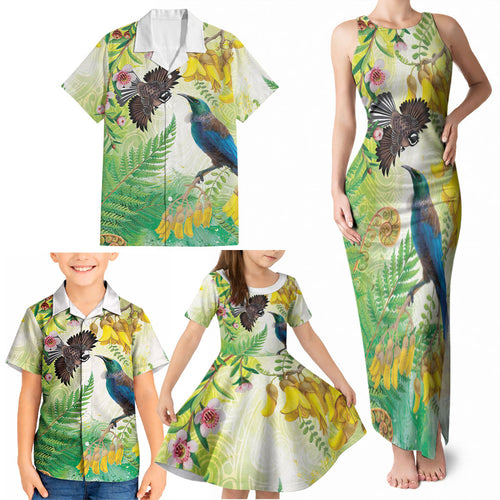 New Zealand Maori Mahuru Family Matching Tank Maxi Dress and Hawaiian Shirt Tui With Pikawakawa Spring Colors