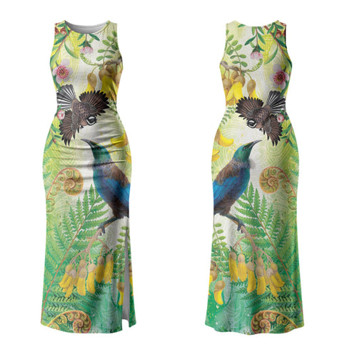 New Zealand Maori Mahuru Family Matching Tank Maxi Dress and Hawaiian Shirt Tui With Pikawakawa Spring Colors