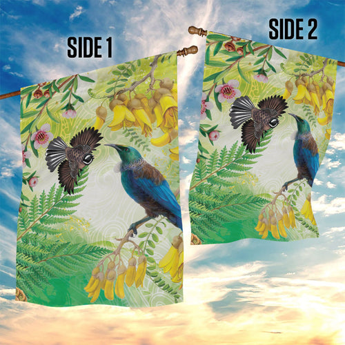 New Zealand Maori Mahuru Garden Flag Tui With Pikawakawa Spring Colors
