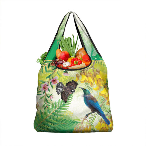 New Zealand Maori Mahuru Grocery Bag Tui With Pikawakawa Spring Colors