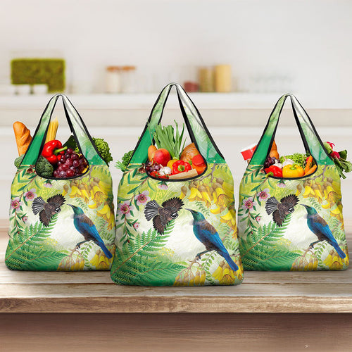 New Zealand Maori Mahuru Grocery Bag Tui With Pikawakawa Spring Colors