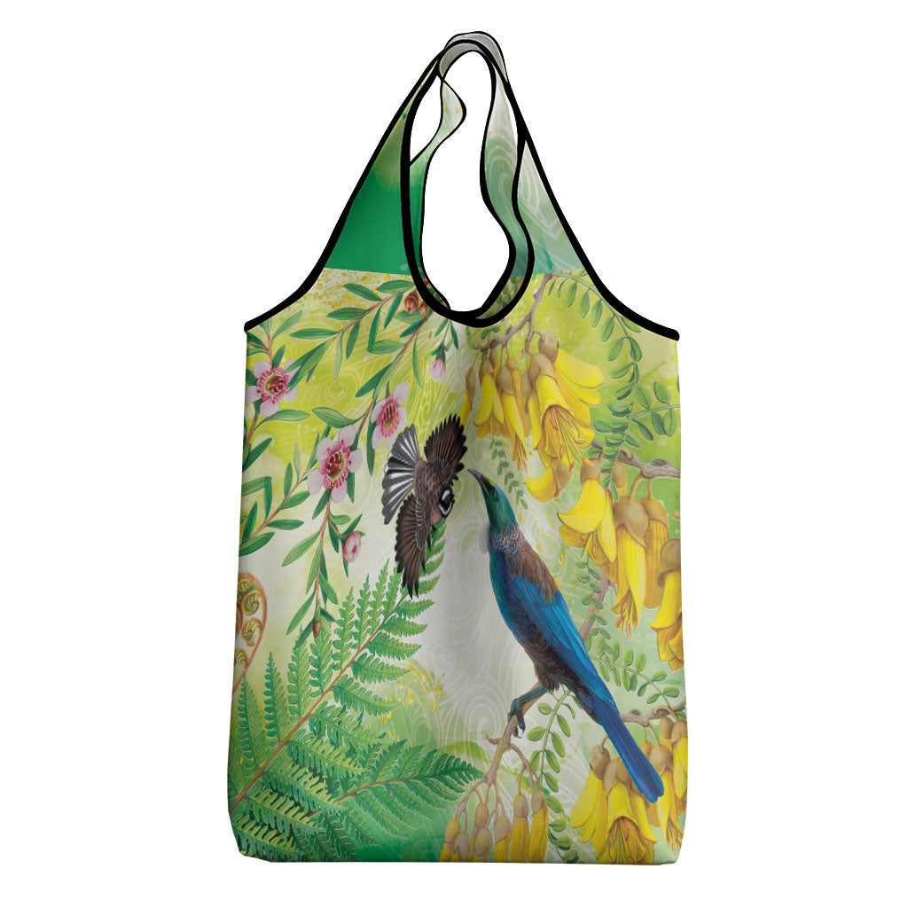 New Zealand Maori Mahuru Grocery Bag Tui With Pikawakawa Spring Colors