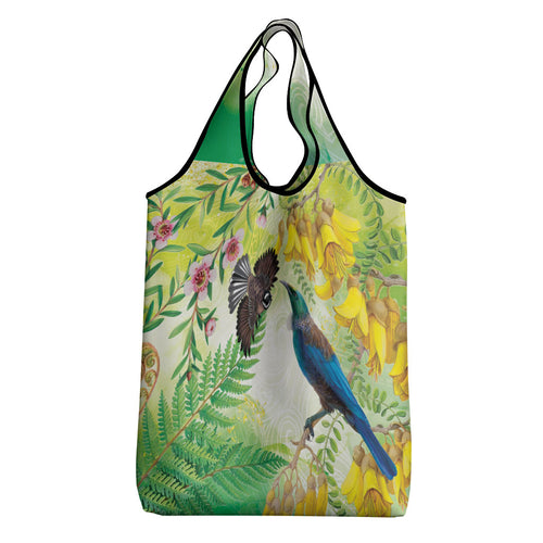 New Zealand Maori Mahuru Grocery Bag Tui With Pikawakawa Spring Colors