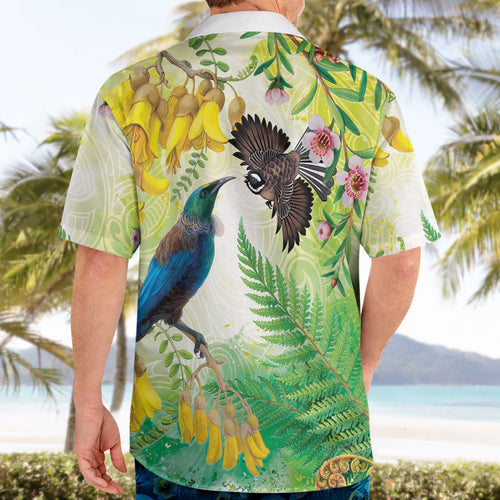 New Zealand Maori Mahuru Hawaiian Shirt Tui With Pikawakawa Spring Colors