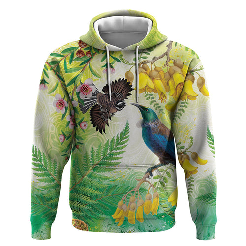 New Zealand Maori Mahuru Hoodie Tui With Pikawakawa Spring Colors