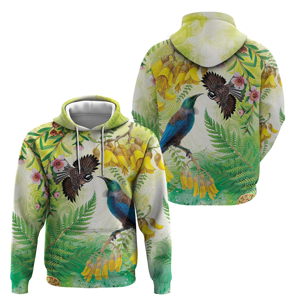 New Zealand Maori Mahuru Hoodie Tui With Pikawakawa Spring Colors
