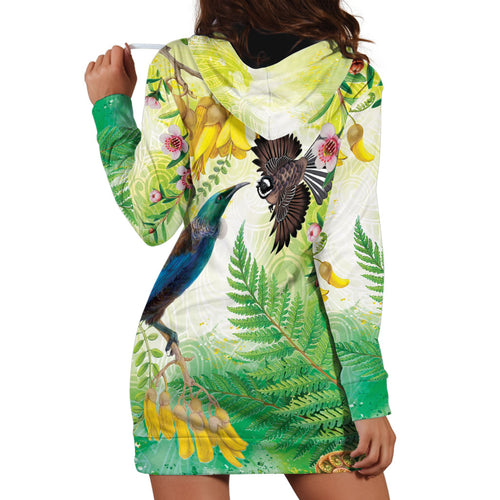 New Zealand Maori Mahuru Hoodie Dress Tui With Pikawakawa Spring Colors