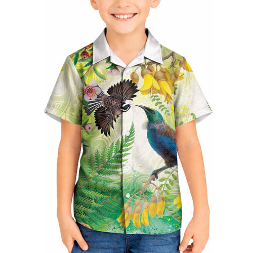New Zealand Maori Mahuru Kid Hawaiian Shirt Tui With Pikawakawa Spring Colors