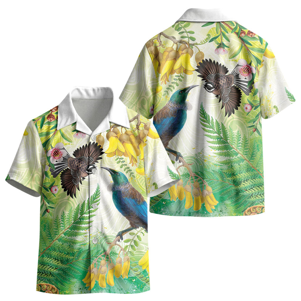 New Zealand Maori Mahuru Kid Hawaiian Shirt Tui With Pikawakawa Spring Colors