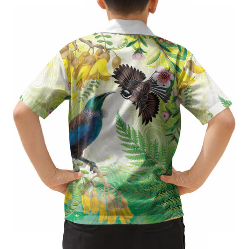 New Zealand Maori Mahuru Kid Hawaiian Shirt Tui With Pikawakawa Spring Colors