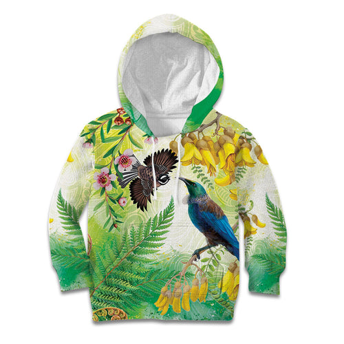 New Zealand Maori Mahuru Kid Hoodie Tui With Pikawakawa Spring Colors