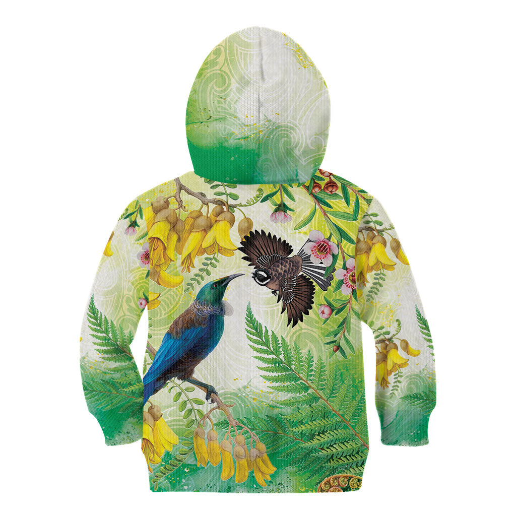 New Zealand Maori Mahuru Kid Hoodie Tui With Pikawakawa Spring Colors