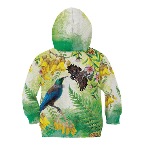 New Zealand Maori Mahuru Kid Hoodie Tui With Pikawakawa Spring Colors