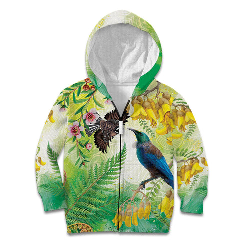 New Zealand Maori Mahuru Kid Hoodie Tui With Pikawakawa Spring Colors