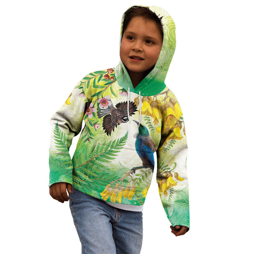 New Zealand Maori Mahuru Kid Hoodie Tui With Pikawakawa Spring Colors