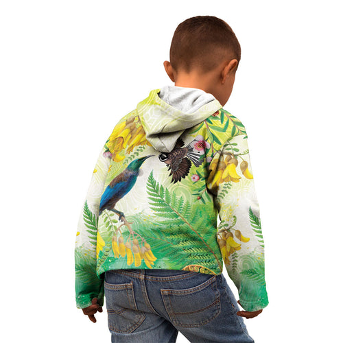 New Zealand Maori Mahuru Kid Hoodie Tui With Pikawakawa Spring Colors