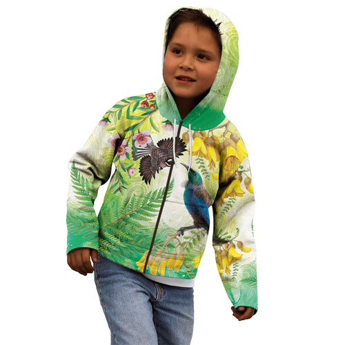 New Zealand Maori Mahuru Kid Hoodie Tui With Pikawakawa Spring Colors
