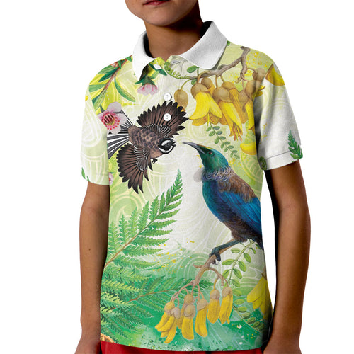 New Zealand Maori Mahuru Kid Polo Shirt Tui With Pikawakawa Spring Colors