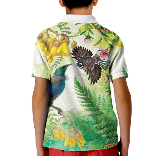 New Zealand Maori Mahuru Kid Polo Shirt Tui With Pikawakawa Spring Colors