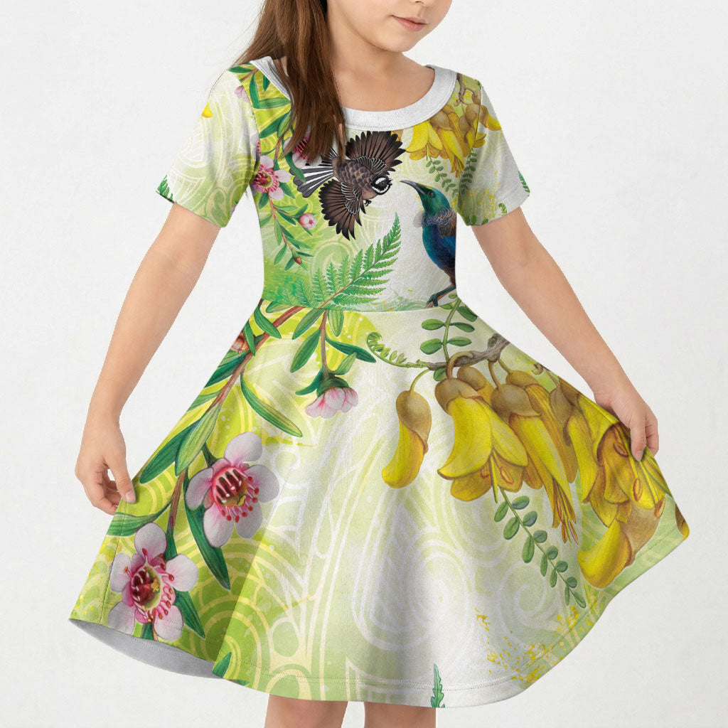 New Zealand Maori Mahuru Kid Short Sleeve Dress Tui With Pikawakawa Spring Colors