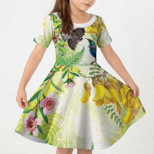 New Zealand Maori Mahuru Kid Short Sleeve Dress Tui With Pikawakawa Spring Colors