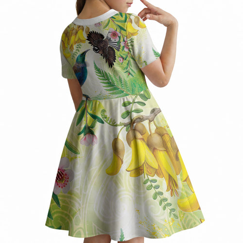 New Zealand Maori Mahuru Kid Short Sleeve Dress Tui With Pikawakawa Spring Colors