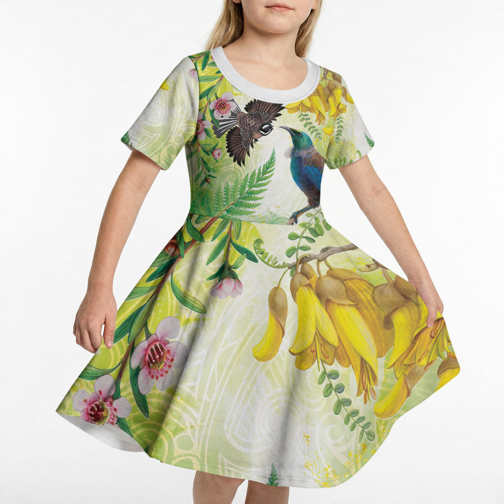 New Zealand Maori Mahuru Kid Short Sleeve Dress Tui With Pikawakawa Spring Colors