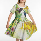 New Zealand Maori Mahuru Kid Short Sleeve Dress Tui With Pikawakawa Spring Colors