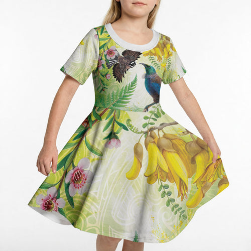 New Zealand Maori Mahuru Kid Short Sleeve Dress Tui With Pikawakawa Spring Colors